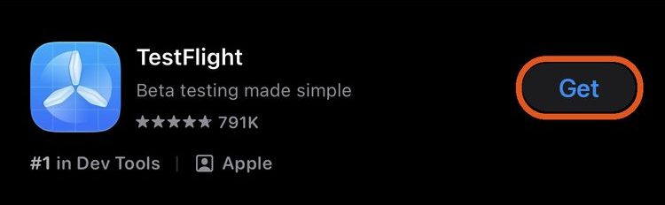 App Store search results. TestFlight, made by Apple, with a Get button.