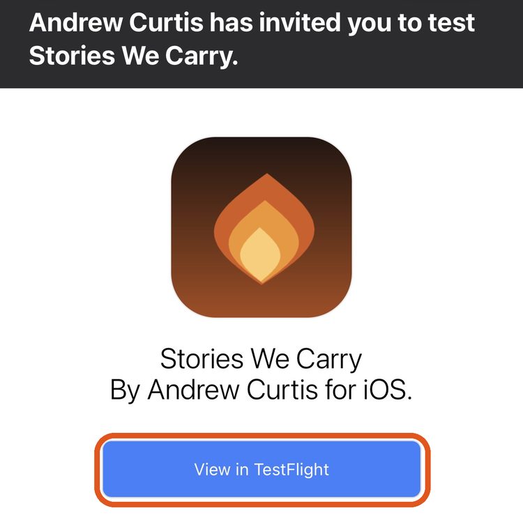 The email from TestFlight. A blue button says View in TestFlight.